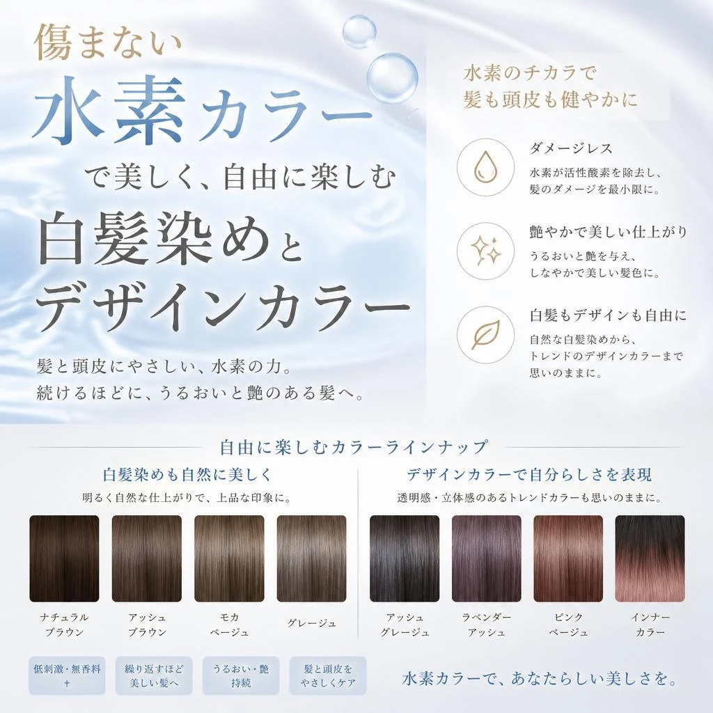傷まない水素カラーで美しく、自由に楽しむ白髪染めとデザインカラー