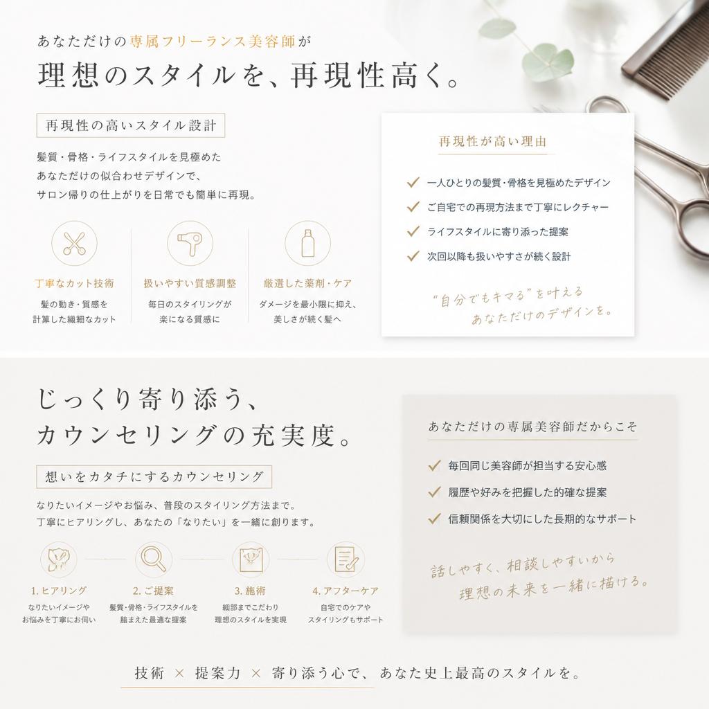 フリーランス美容師によるマンツーマン施術