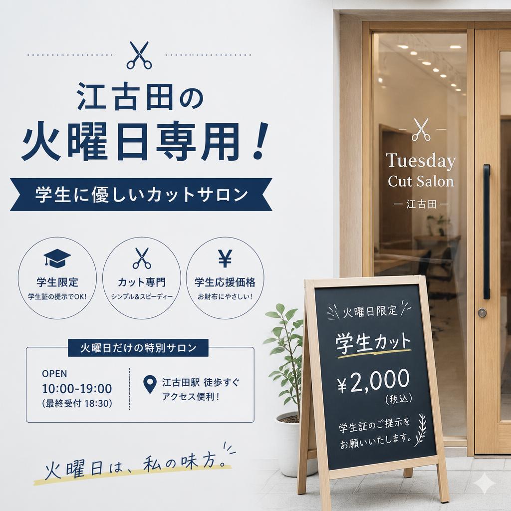 江古田の火曜日専用！学生に優しいカットサロン