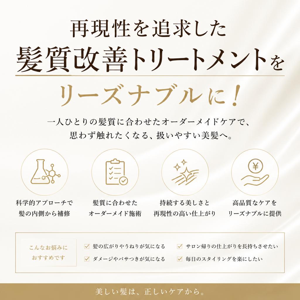 再現性を追求した髪質改善トリートメントをリーズナブルに！